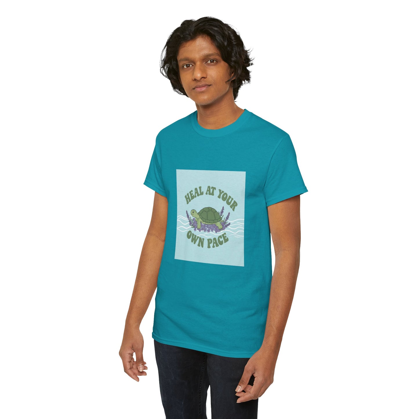 Heal at Your Own Pace Unisex Heavy Cotton Tee - Inspirational Turtle Graphic Tee for Relaxation