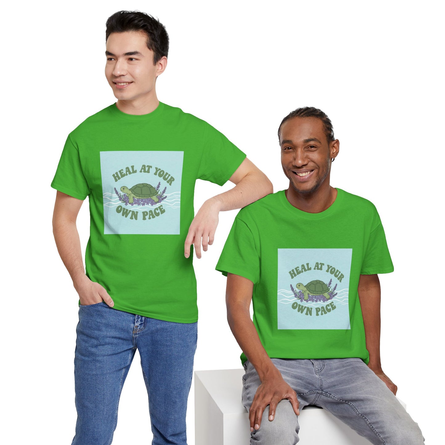 Heal at Your Own Pace Unisex Heavy Cotton Tee - Inspirational Turtle Graphic Tee for Relaxation