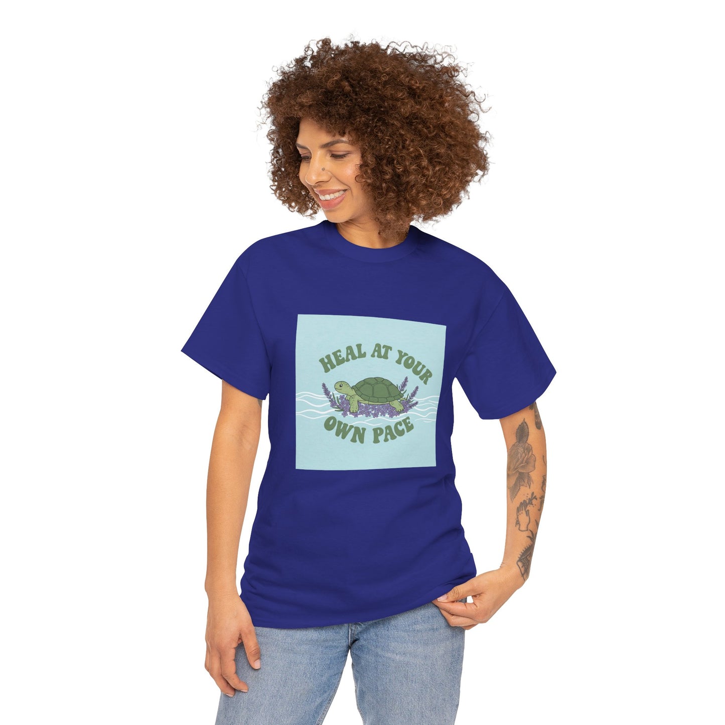 Heal at Your Own Pace Unisex Heavy Cotton Tee - Inspirational Turtle Graphic Tee for Relaxation