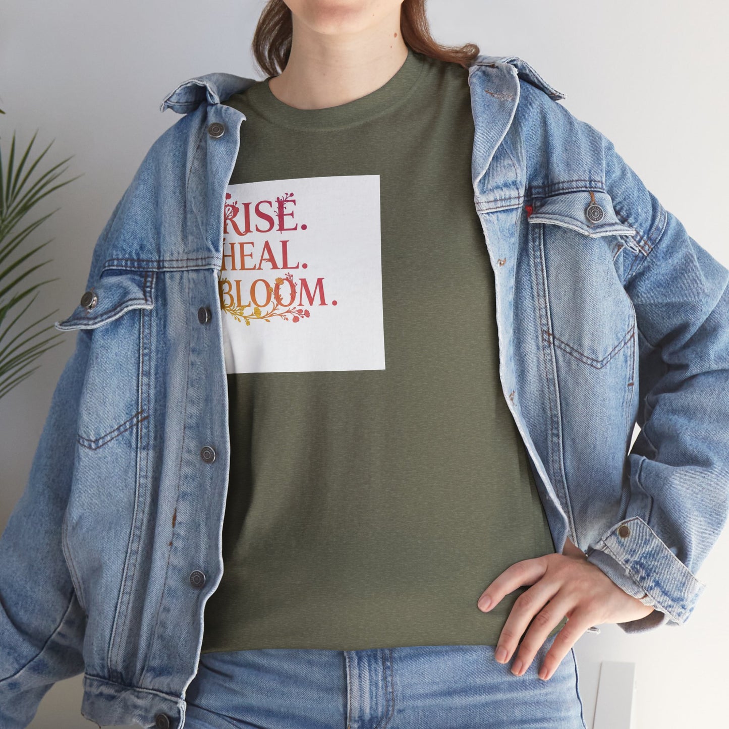 Rise Heal Bloom Unisex Heavy Cotton Tee - Motivational Graphic T-Shirt for Self-Care and Wellness