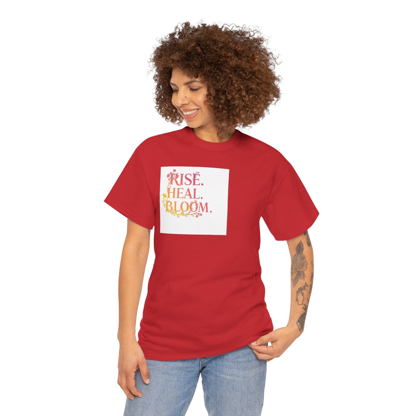 Rise Heal Bloom Unisex Heavy Cotton Tee - Motivational Graphic T-Shirt for Self-Care and Wellness