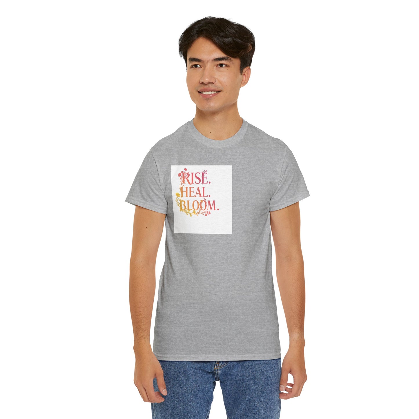 Rise Heal Bloom Unisex Heavy Cotton Tee - Motivational Graphic T-Shirt for Self-Care and Wellness