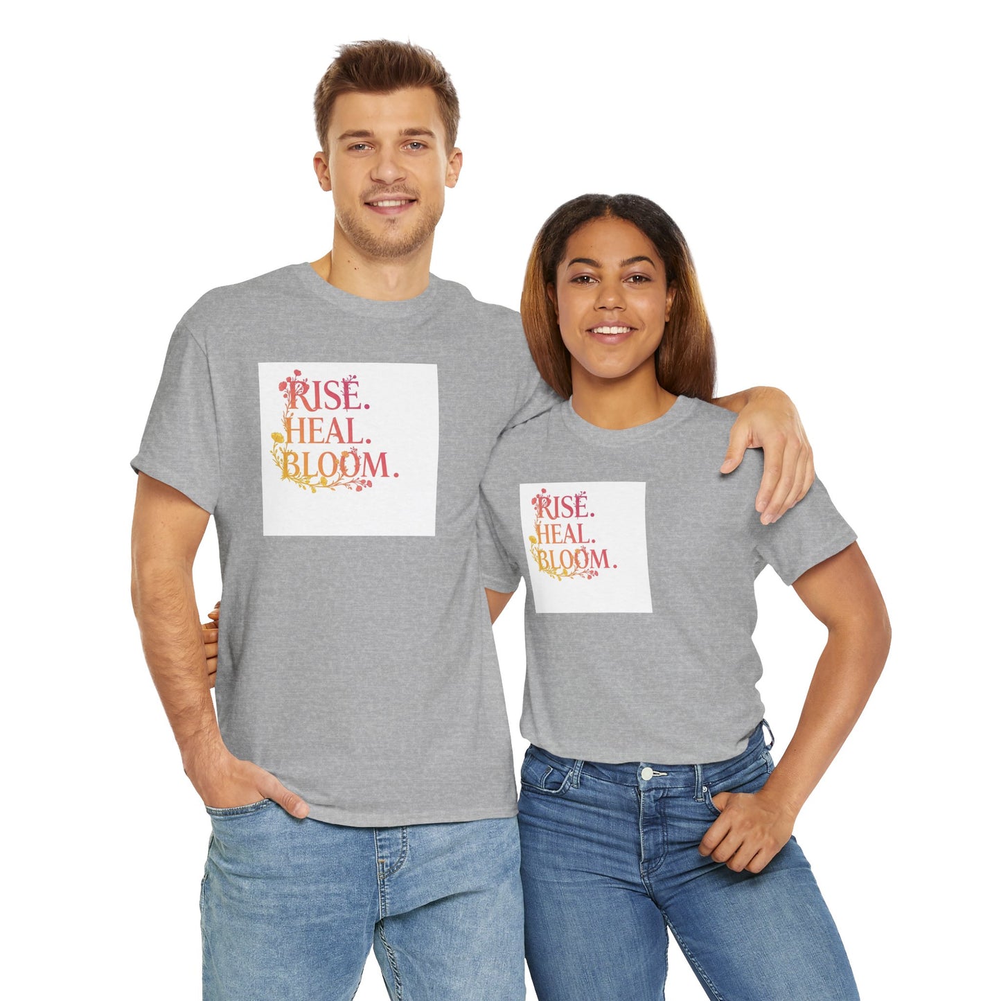 Rise Heal Bloom Unisex Heavy Cotton Tee - Motivational Graphic T-Shirt for Self-Care and Wellness