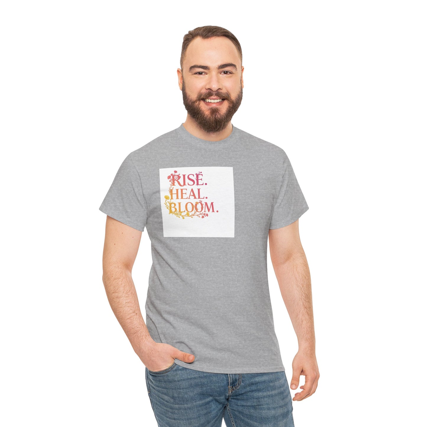 Rise Heal Bloom Unisex Heavy Cotton Tee - Motivational Graphic T-Shirt for Self-Care and Wellness