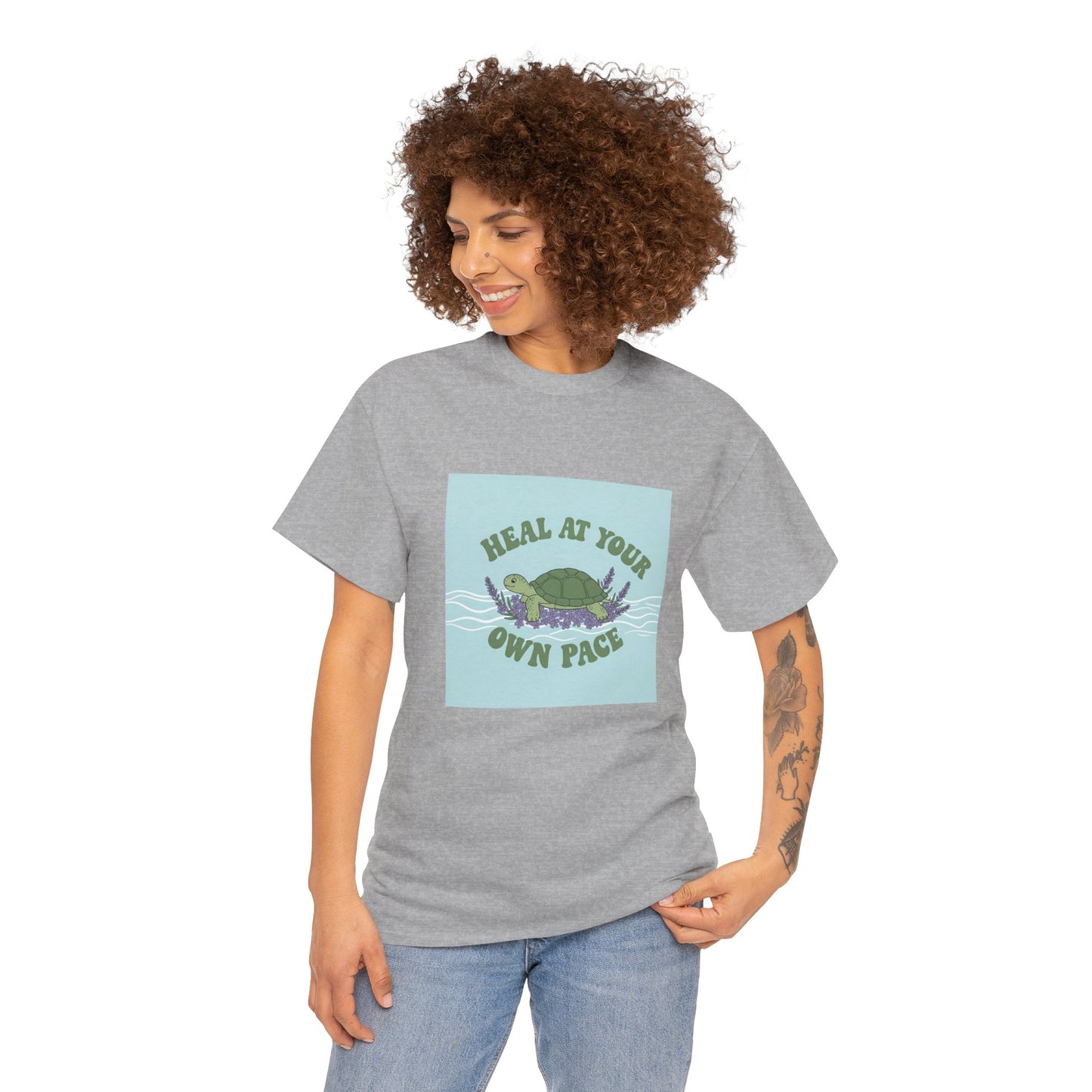 Heal at Your Own Pace Unisex Heavy Cotton Tee - Inspirational Turtle Graphic Tee for Relaxation