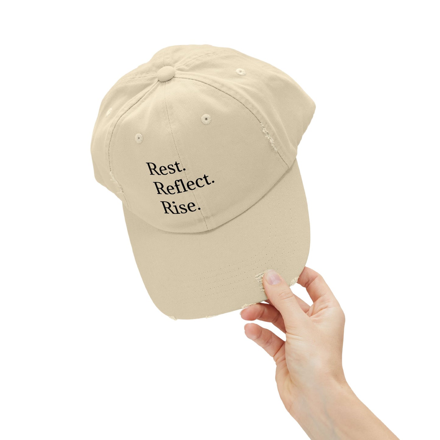 Unisex Distressed Cap - Rest. Reflect. Rise. Inspirational Hat for Mindfulness and Self-Care