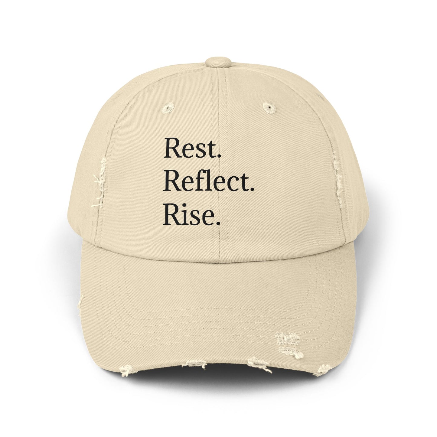 Unisex Distressed Cap - Rest. Reflect. Rise. Inspirational Hat for Mindfulness and Self-Care