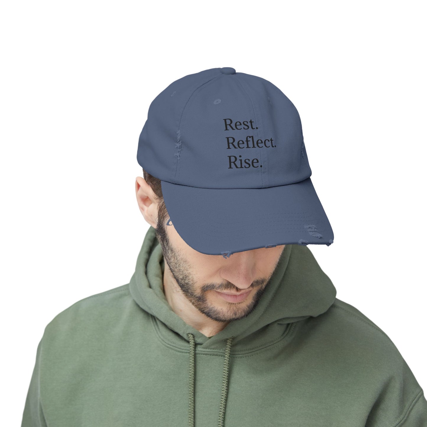 Unisex Distressed Cap - Rest. Besin. Staan op. Inspirerende hoed vir bewustheid en selfversorging