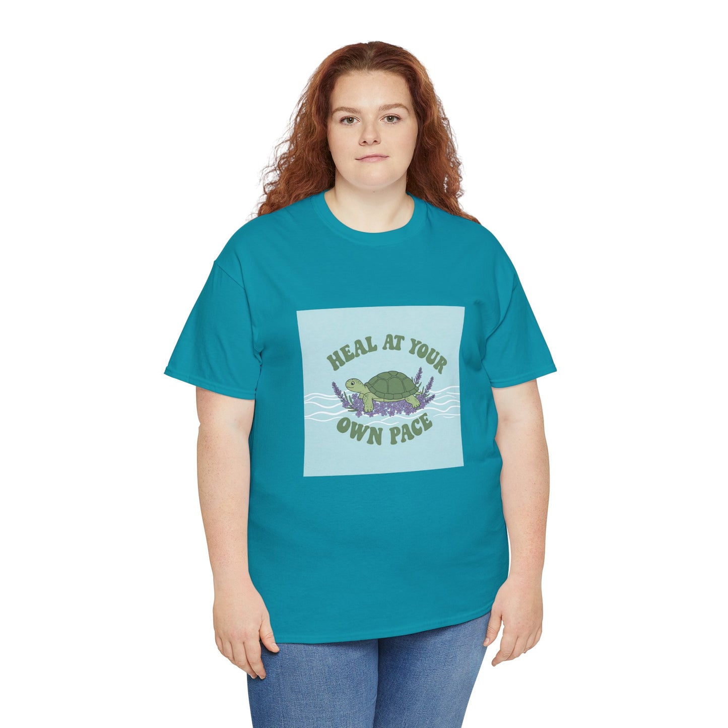 Heal at Your Own Pace Unisex Heavy Cotton Tee - Inspirational Turtle Graphic Tee for Relaxation