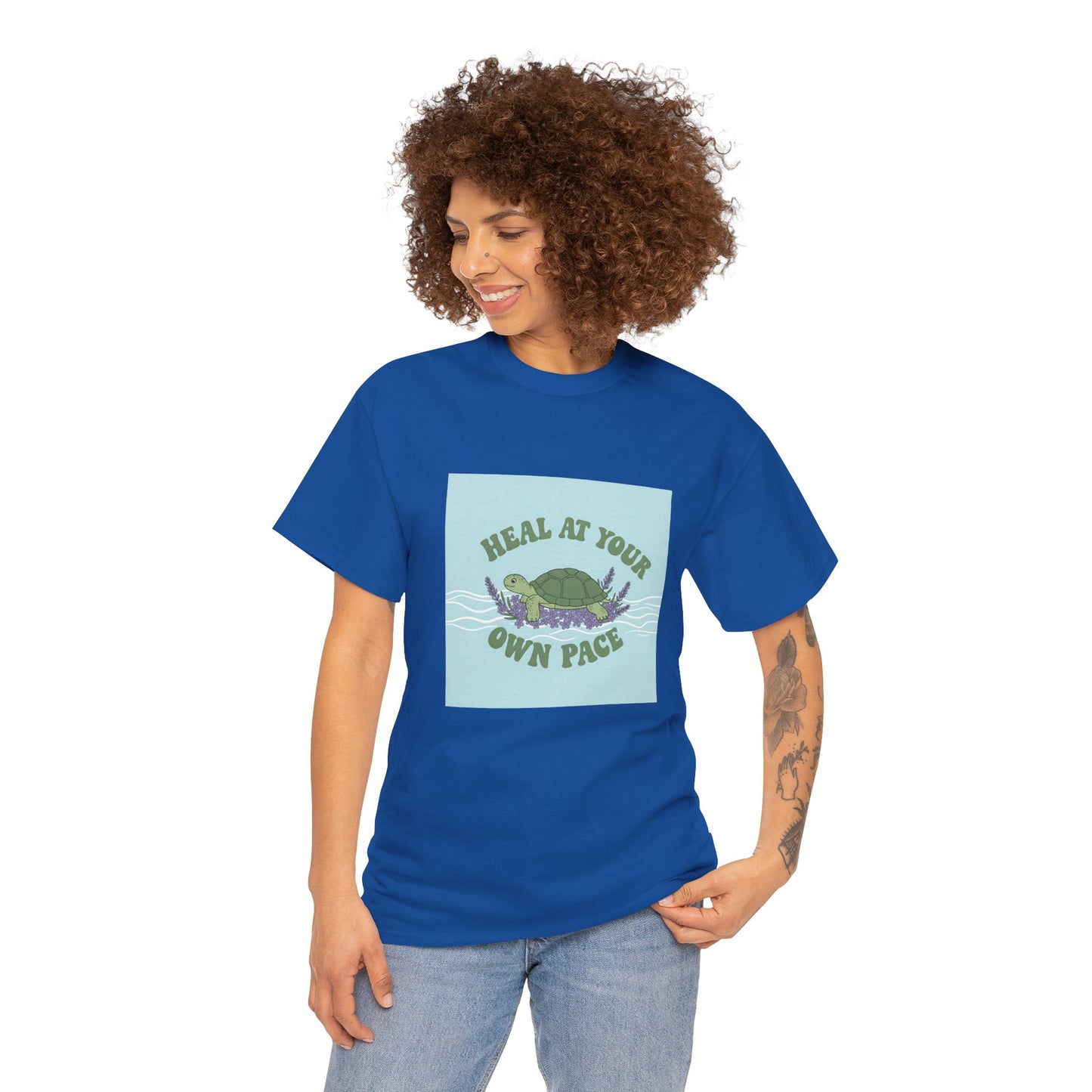 Heal at Your Own Pace Unisex Heavy Cotton Tee - Inspirational Turtle Graphic Tee for Relaxation