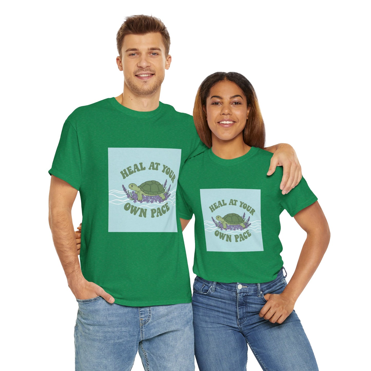 Heal at Your Own Pace Unisex Heavy Cotton Tee - Inspirational Turtle Graphic Tee for Relaxation