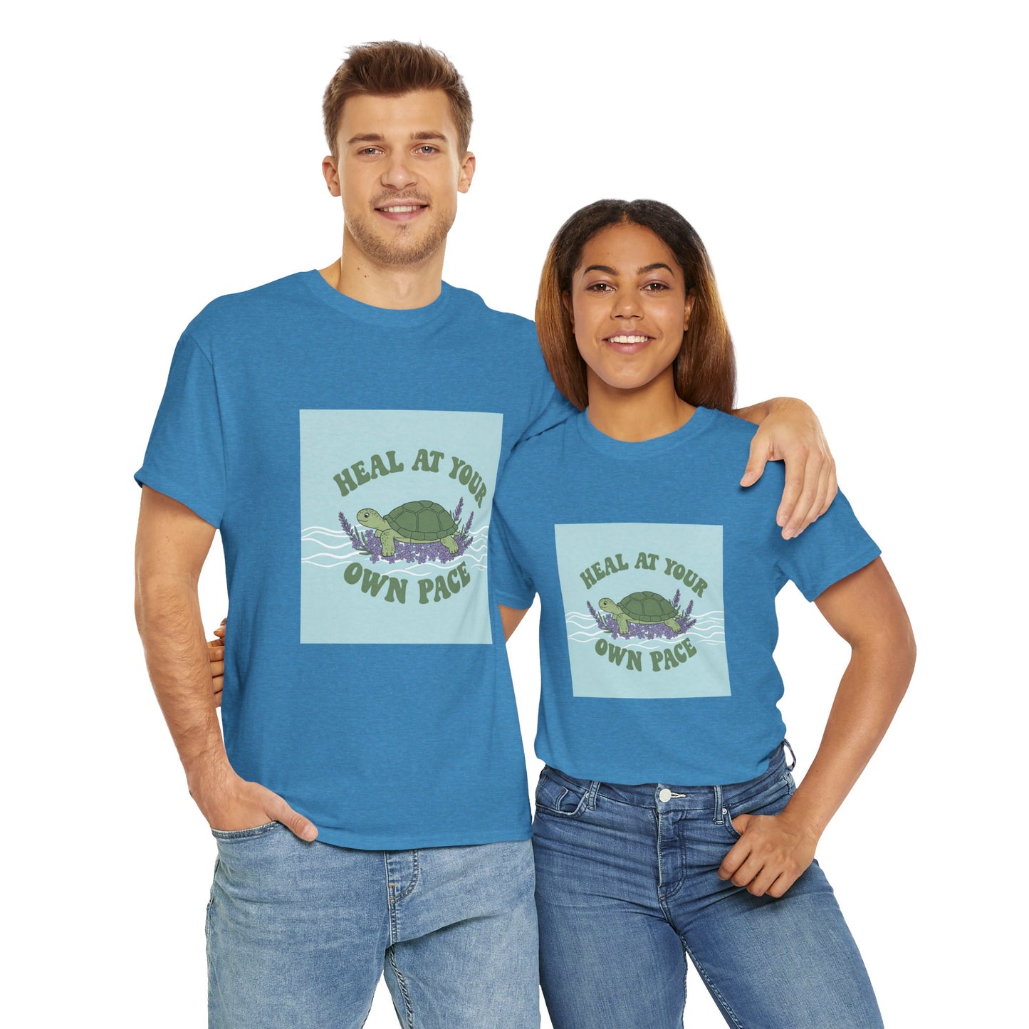 Heal at Your Own Pace Unisex Heavy Cotton Tee - Inspirational Turtle Graphic Tee for Relaxation