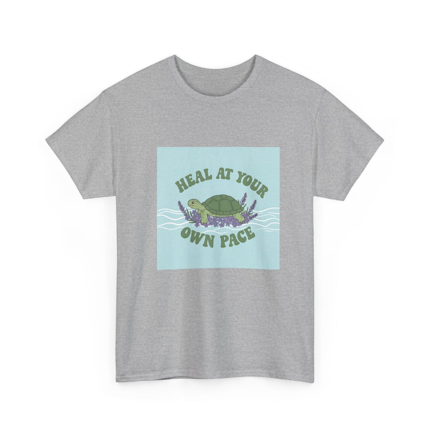 Heal at Your Own Pace Unisex Heavy Cotton Tee - Inspirational Turtle Graphic Tee for Relaxation