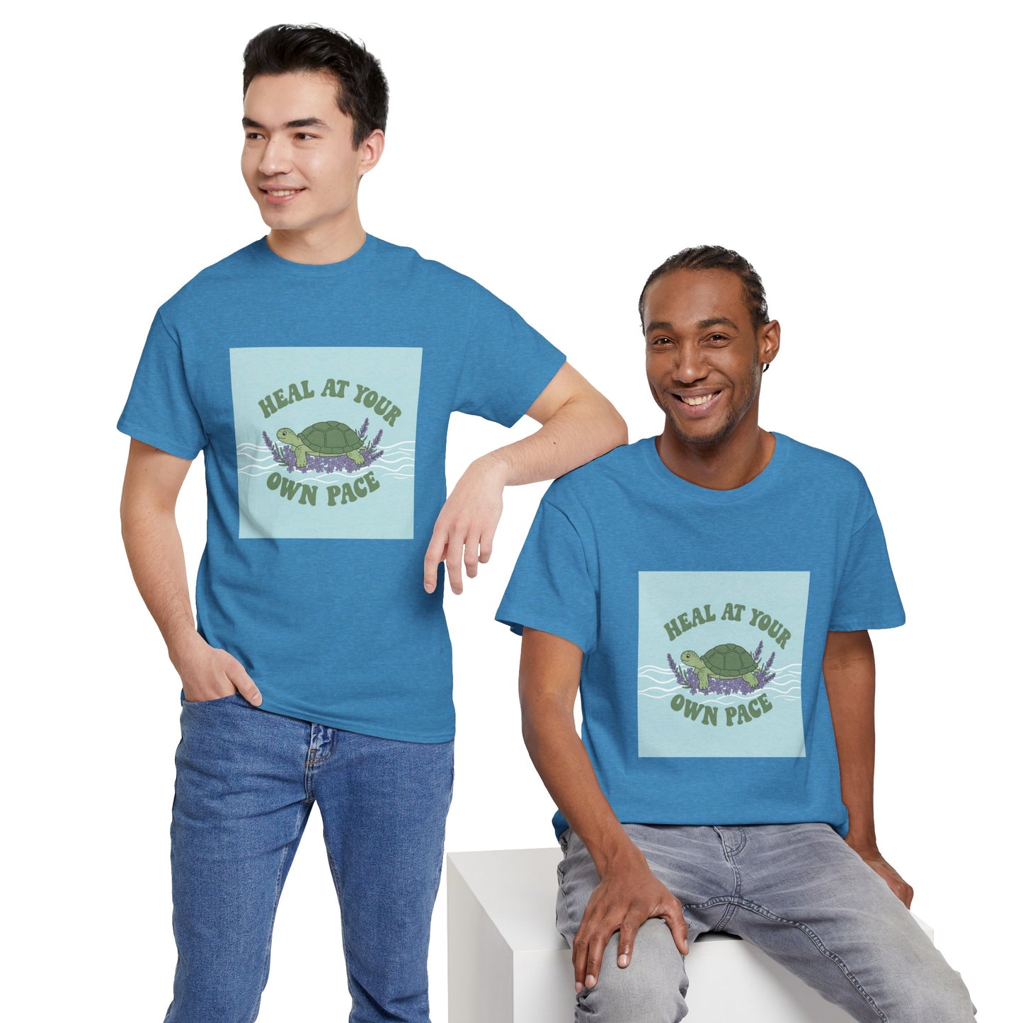 Heal at Your Own Pace Unisex Heavy Cotton Tee - Inspirational Turtle Graphic Tee for Relaxation