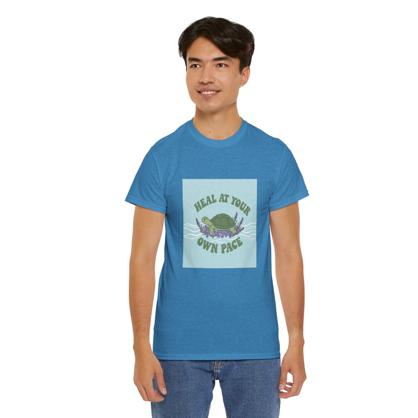 Heal at Your Own Pace Unisex Heavy Cotton Tee - Inspirational Turtle Graphic Tee for Relaxation