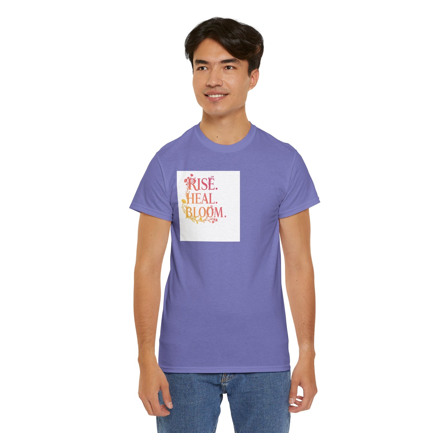 Rise Heal Bloom Unisex Heavy Cotton Tee - Motivational Graphic T-Shirt for Self-Care and Wellness