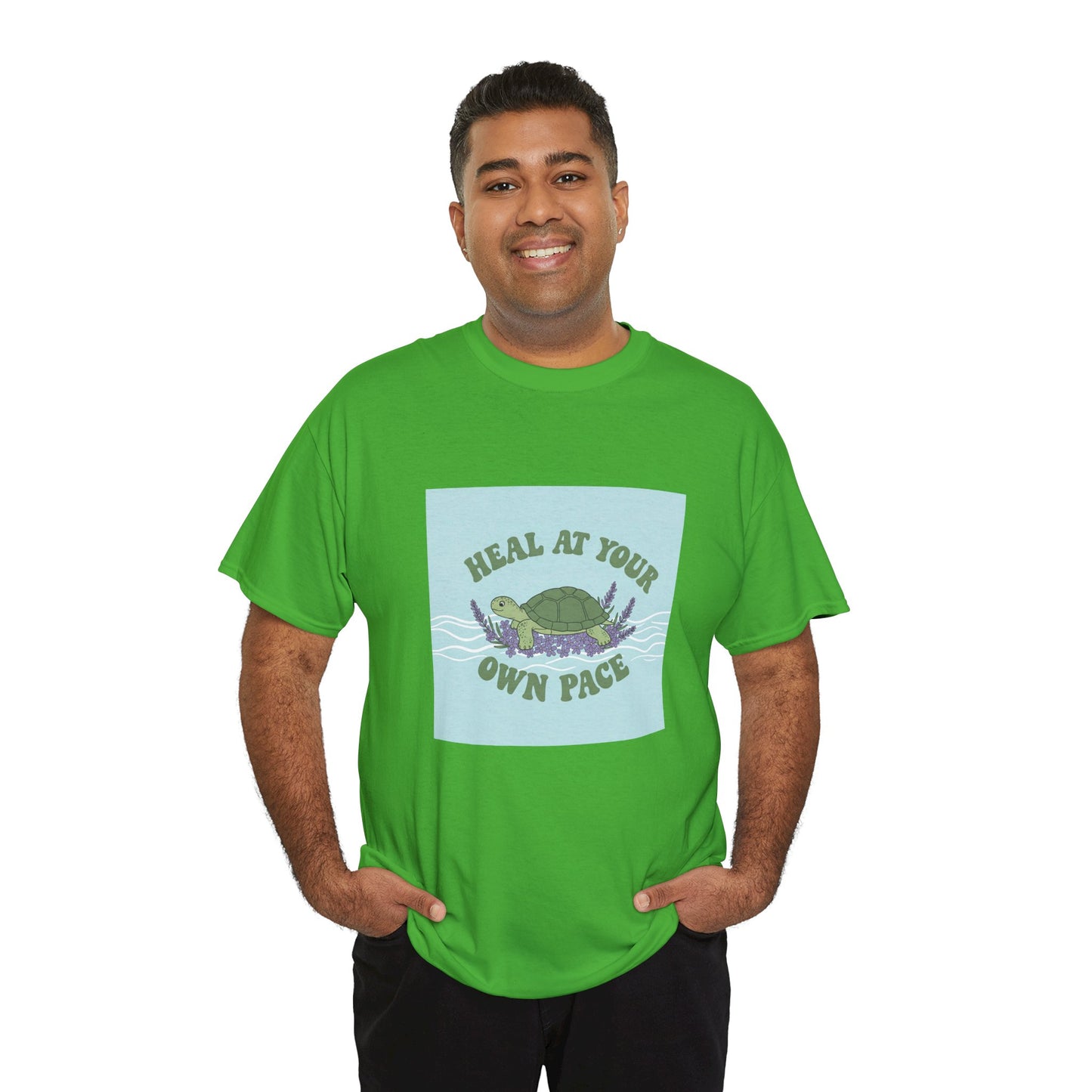 Heal at Your Own Pace Unisex Heavy Cotton Tee - Inspirational Turtle Graphic Tee for Relaxation