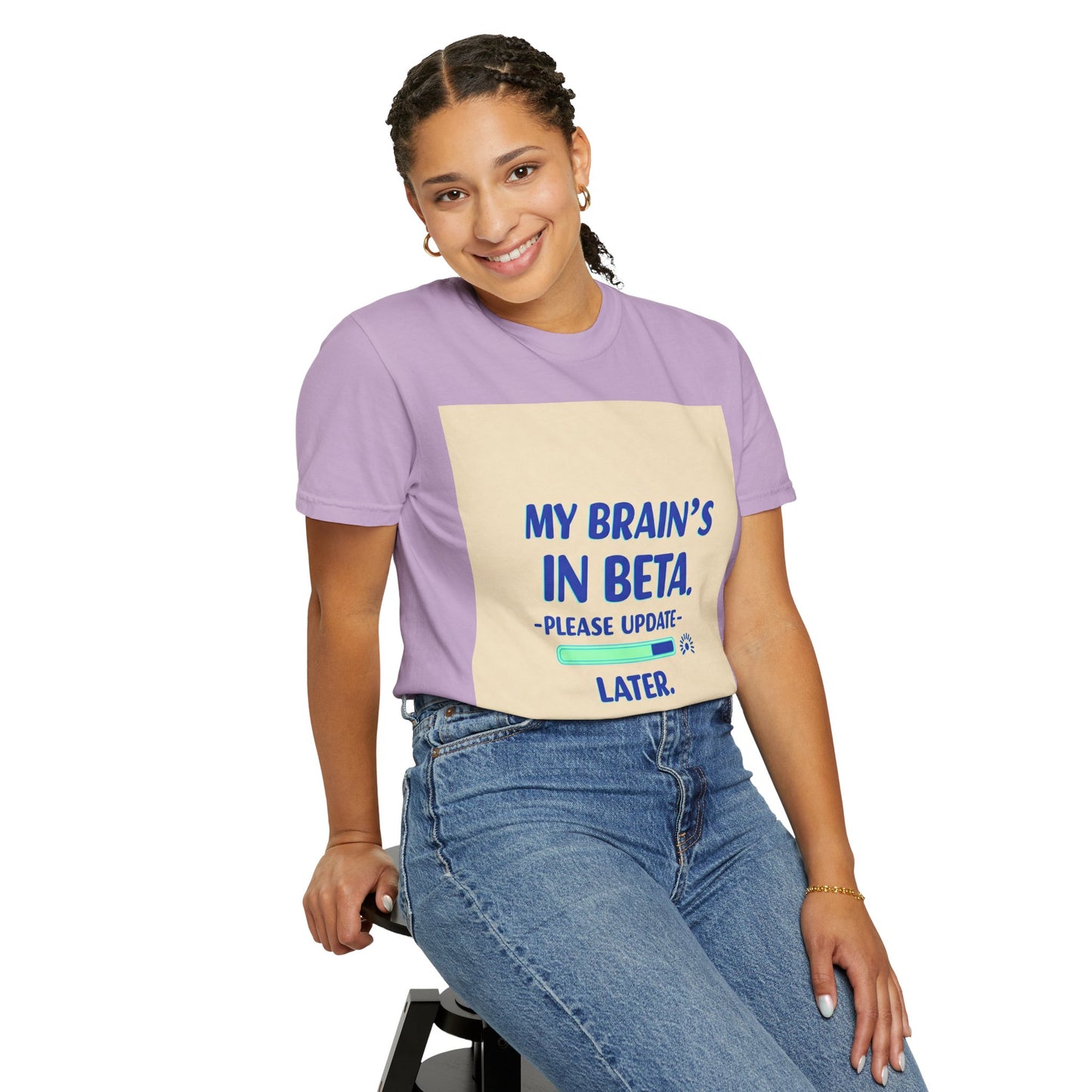 ရယ်စရာ Unisex T-Shirt - "My Brain's Beta ရှိ၊ ကျေးဇူးပြု၍ နောက်မှ အပ်ဒိတ်လုပ်ပါ" - နည်းပညာချစ်သူများအတွက် ဟာသလက်ဆောင်