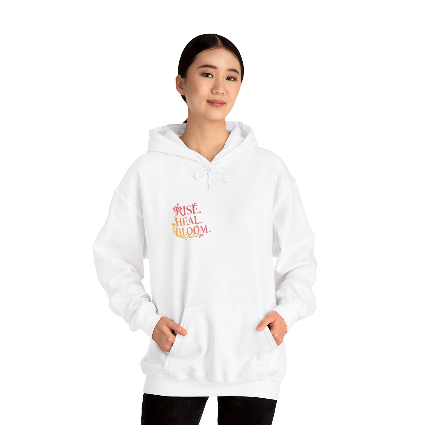 Rise Heal Bloom Unisex Heavy Blend Hoodie - Inspirational Sweatshirt for Self-Care and Wellness