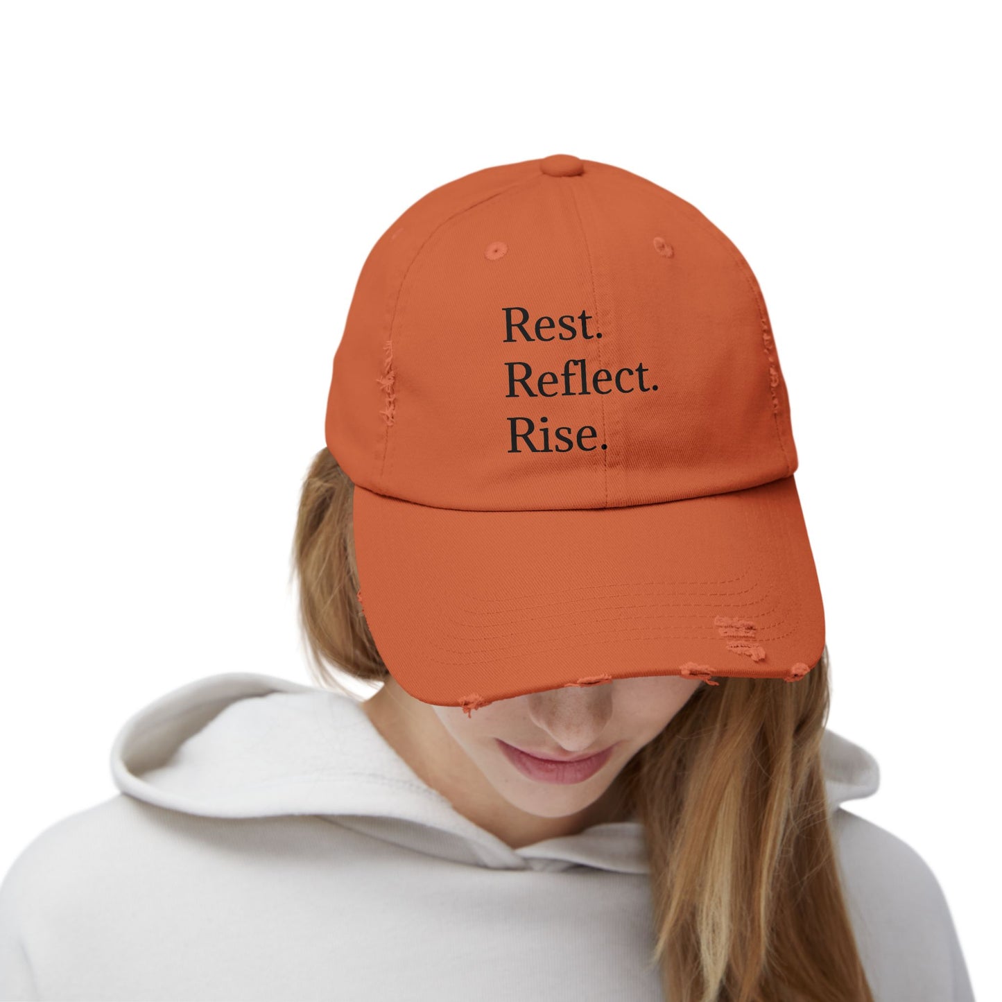 Unisex Distressed Cap - Rest. Besin. Staan op. Inspirerende hoed vir bewustheid en selfversorging