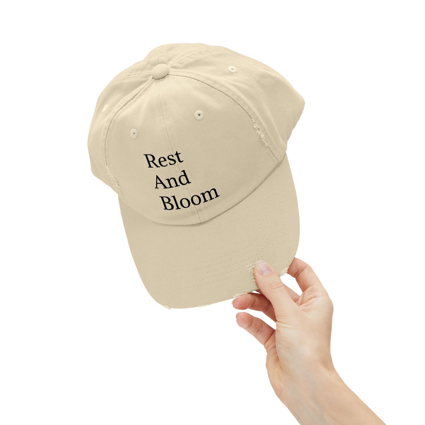 Unisex Distressed Cap - "Rest And Bloom" gemaklike hoed vir ontspanning en styl