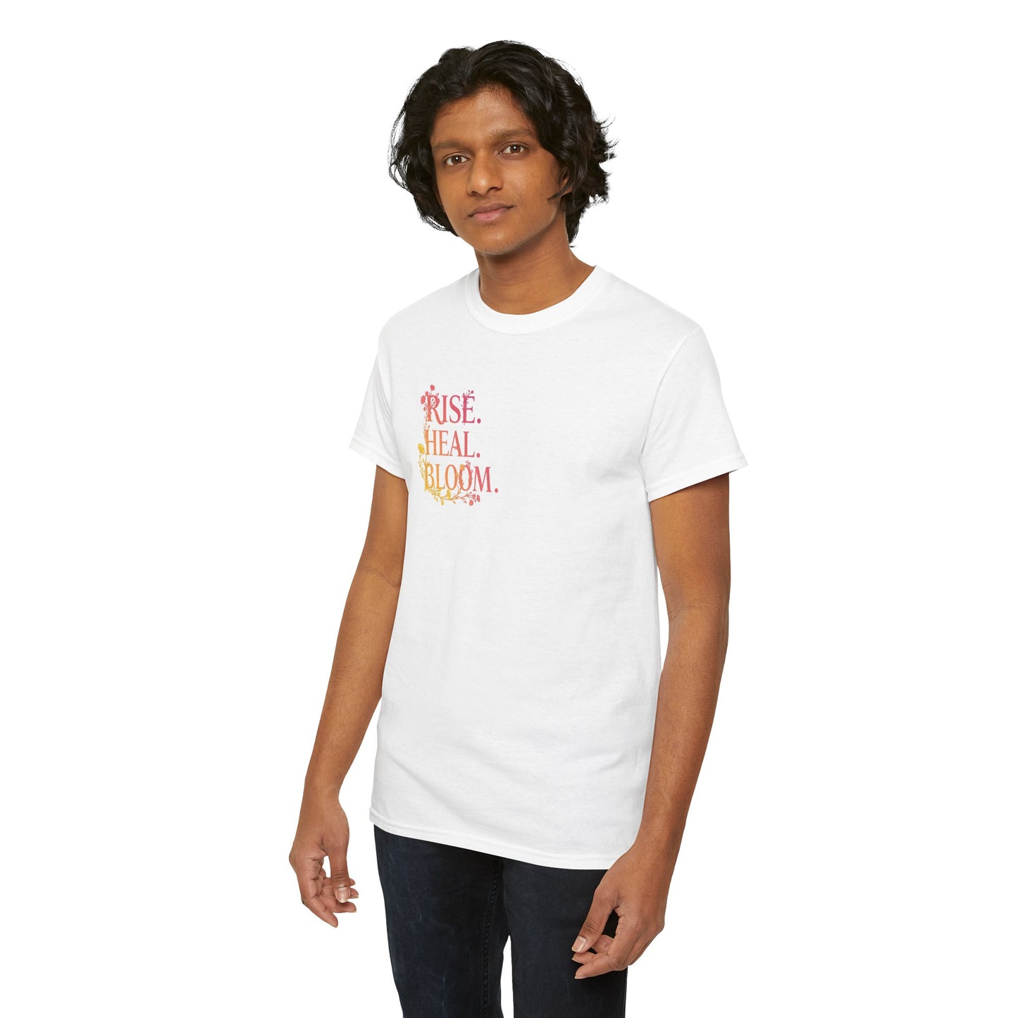 Rise Heal Bloom Unisex Heavy Cotton Tee - Motivational Graphic T-Shirt for Self-Care and Wellness