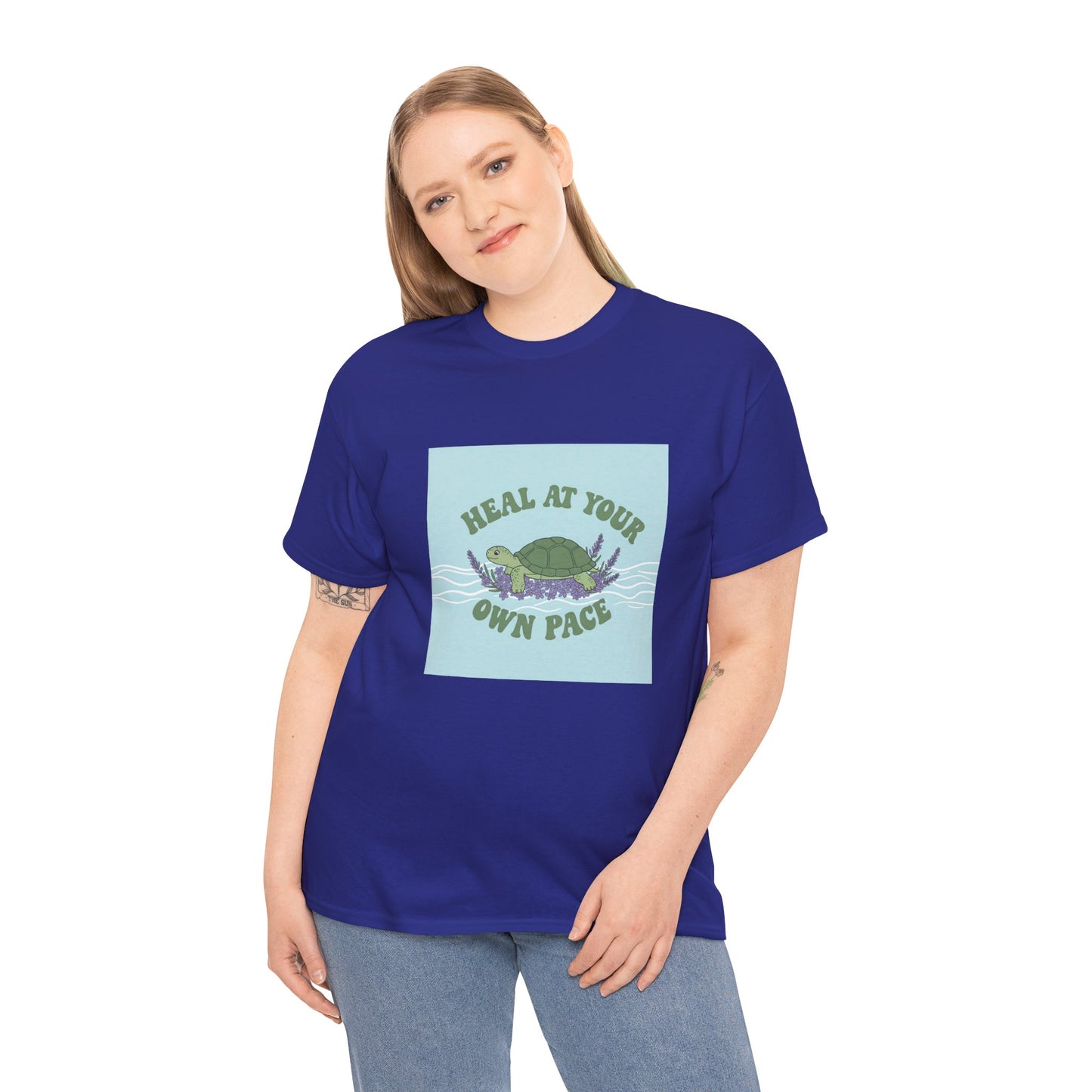 Heal at Your Own Pace Unisex Heavy Cotton Tee - Inspirational Turtle Graphic Tee for Relaxation