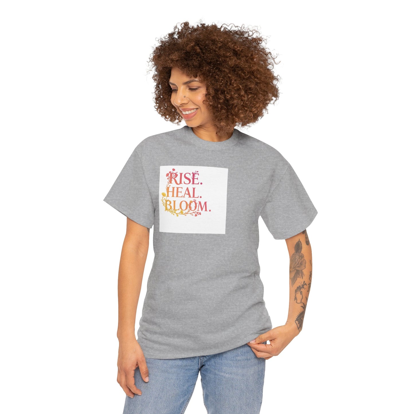 Rise Heal Bloom Unisex Heavy Cotton Tee - Motivational Graphic T-Shirt for Self-Care and Wellness