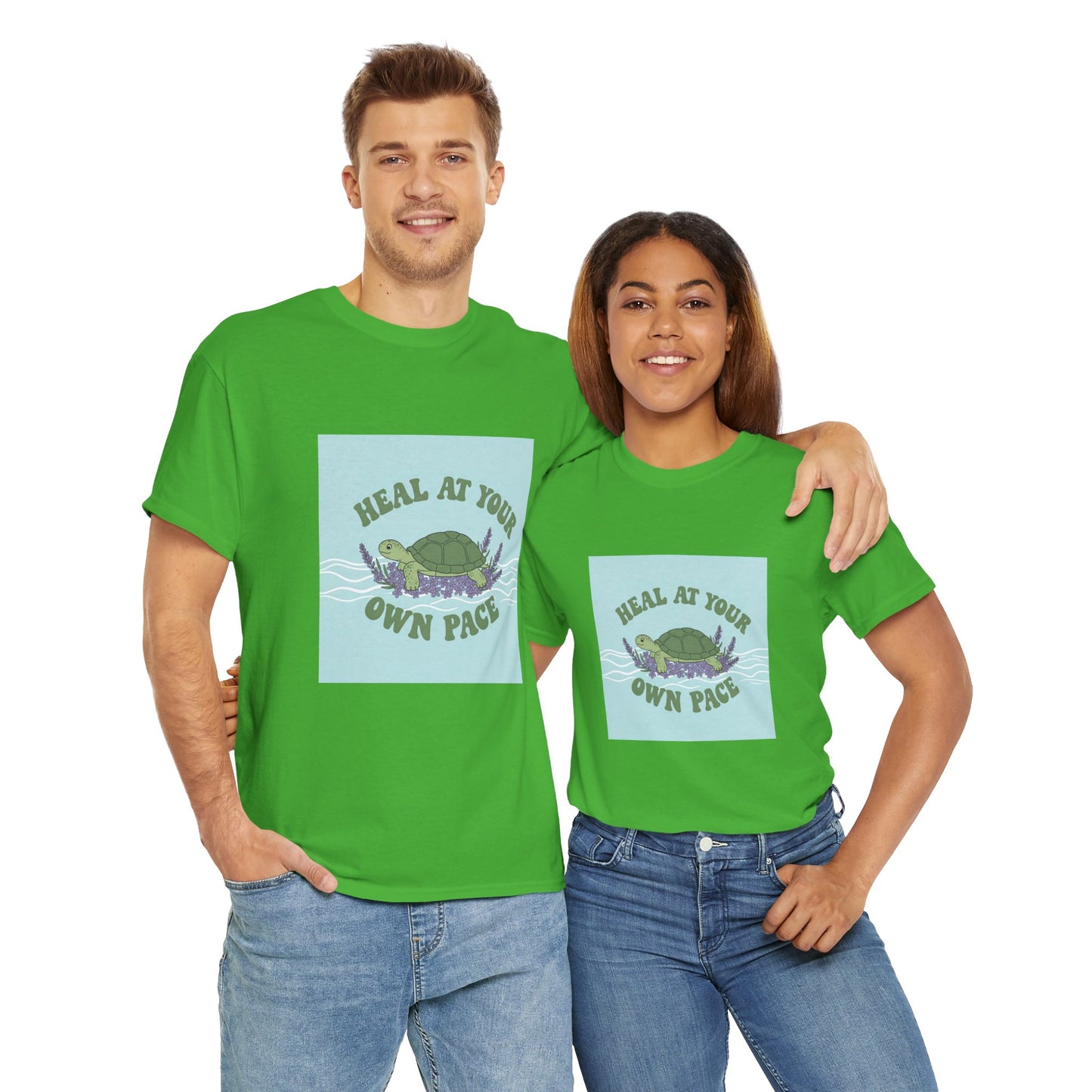 Heal at Your Own Pace Unisex Heavy Cotton Tee - Inspirational Turtle Graphic Tee for Relaxation