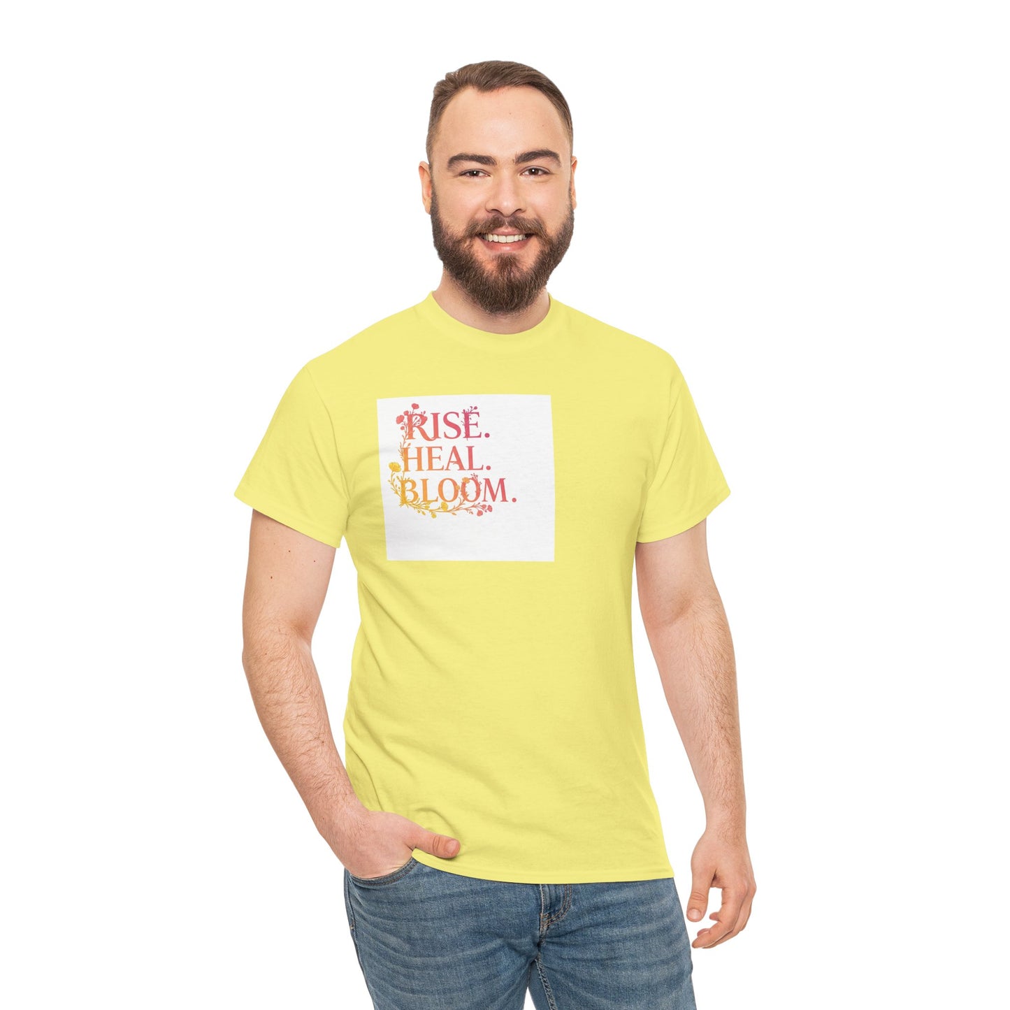 Rise Heal Bloom Unisex Heavy Cotton Tee - Motivational Graphic T-Shirt for Self-Care and Wellness