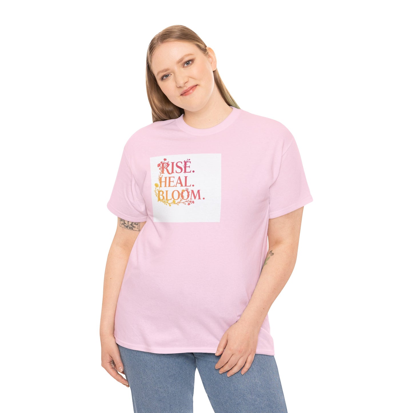 Rise Heal Bloom Unisex Heavy Cotton Tee - Motivational Graphic T-Shirt for Self-Care and Wellness