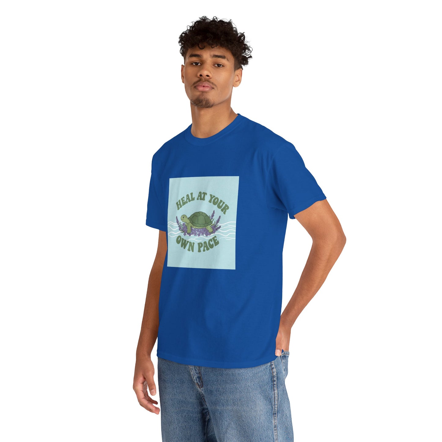 Heal at Your Own Pace Unisex Heavy Cotton Tee - Inspirational Turtle Graphic Tee for Relaxation