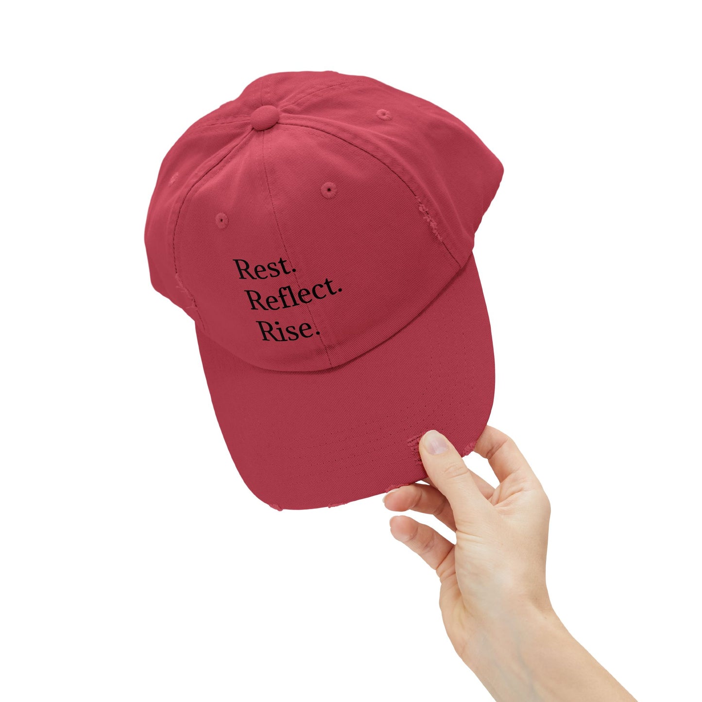 Unisex Distressed Cap - Rest. Reflect. Rise. Inspirational Hat for Mindfulness and Self-Care