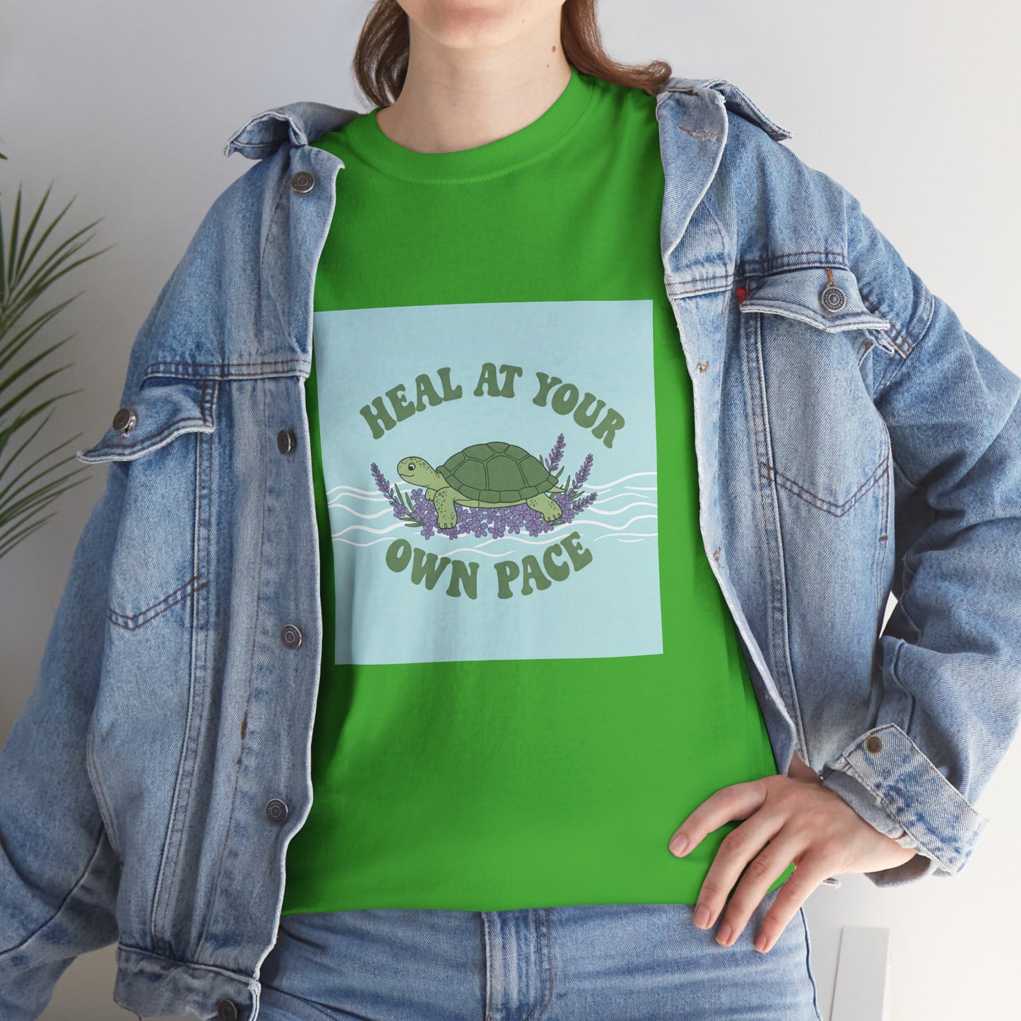 Heal at Your Own Pace Unisex Heavy Cotton Tee - Inspirational Turtle Graphic Tee for Relaxation