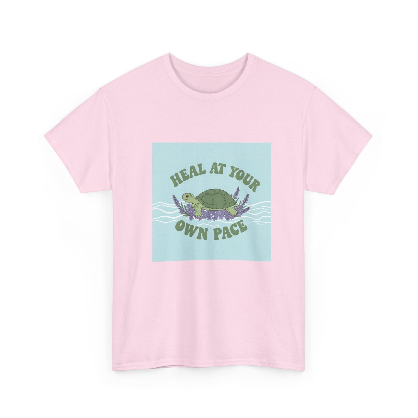 Heal at Your Own Pace Unisex Heavy Cotton Tee - Inspirational Turtle Graphic Tee for Relaxation