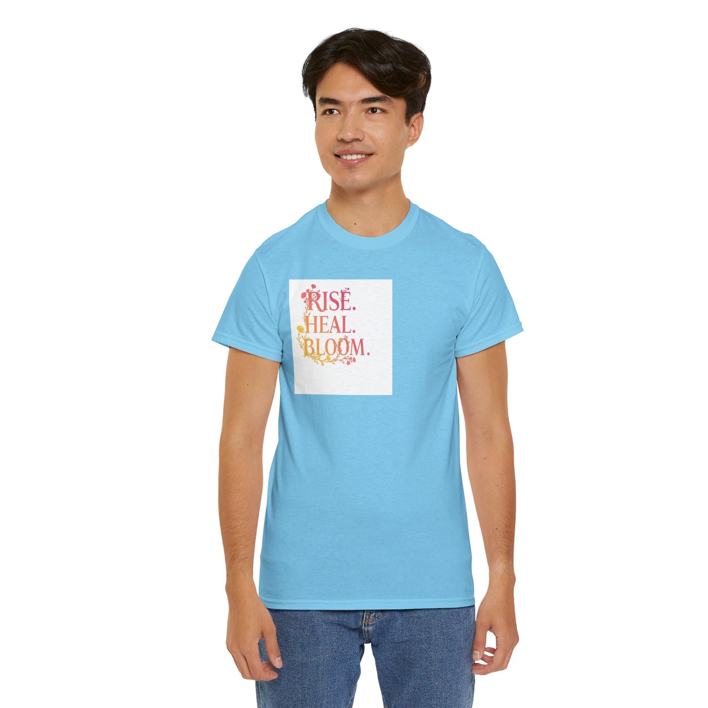 Rise Heal Bloom Unisex Heavy Cotton Tee - Motivational Graphic T-Shirt for Self-Care and Wellness