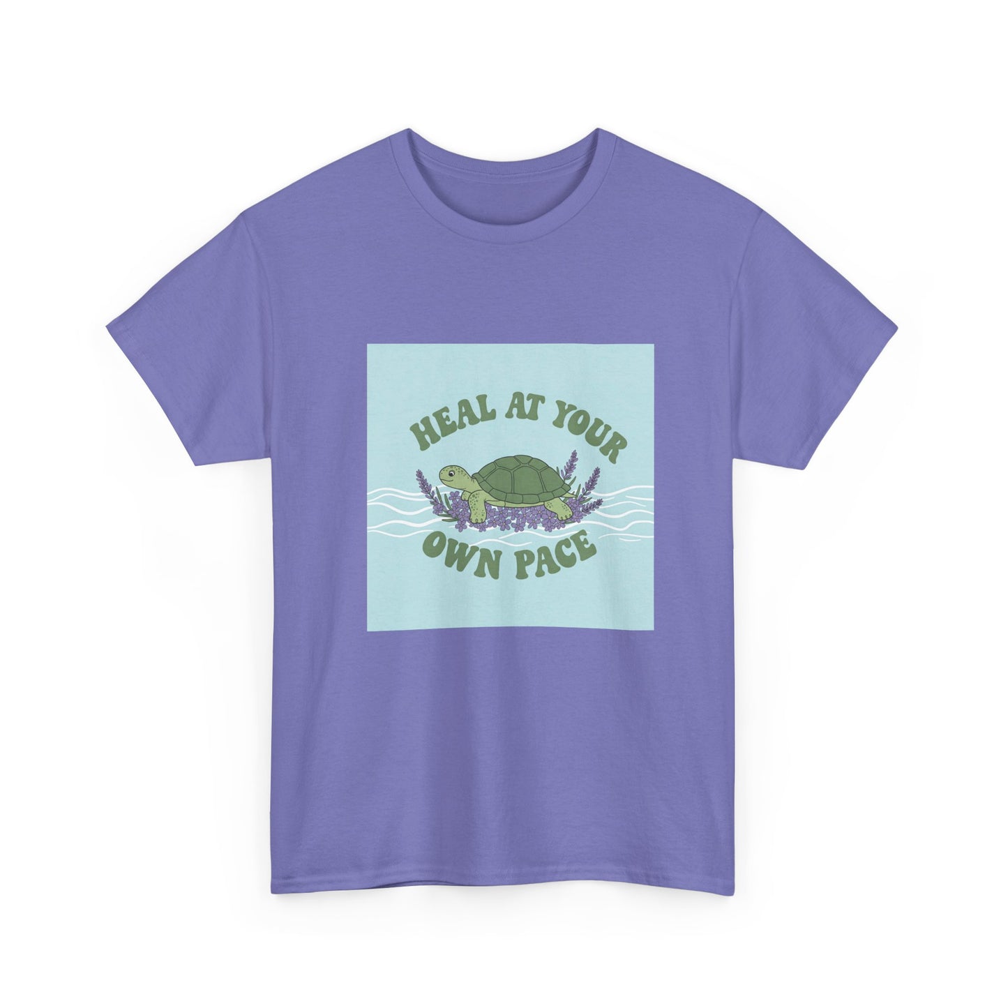 Heal at Your Own Pace Unisex Heavy Cotton Tee - Inspirational Turtle Graphic Tee for Relaxation