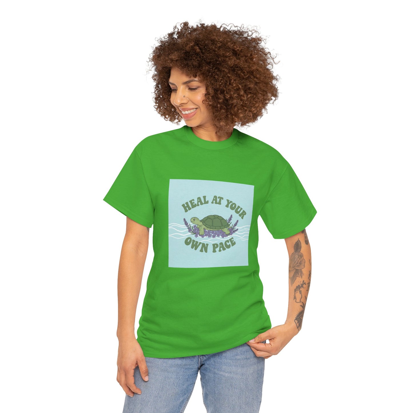 Heal at Your Own Pace Unisex Heavy Cotton Tee - Inspirational Turtle Graphic Tee for Relaxation