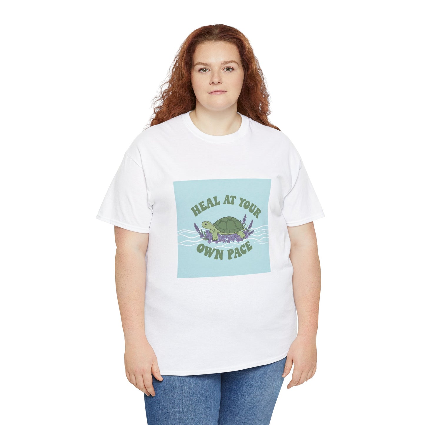 Heal at Your Own Pace Unisex Heavy Cotton Tee - Inspirational Turtle Graphic Tee for Relaxation