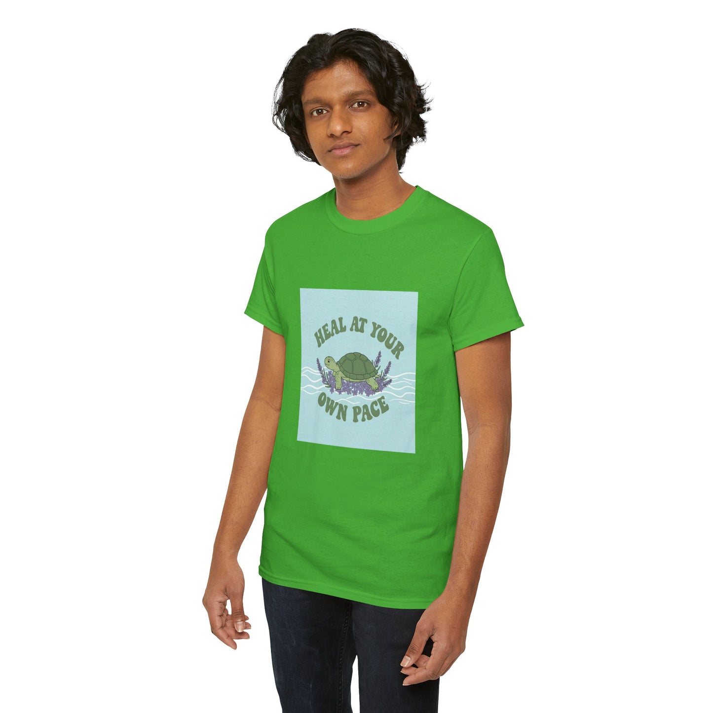 Heal at Your Own Pace Unisex Heavy Cotton Tee - Inspirational Turtle Graphic Tee for Relaxation