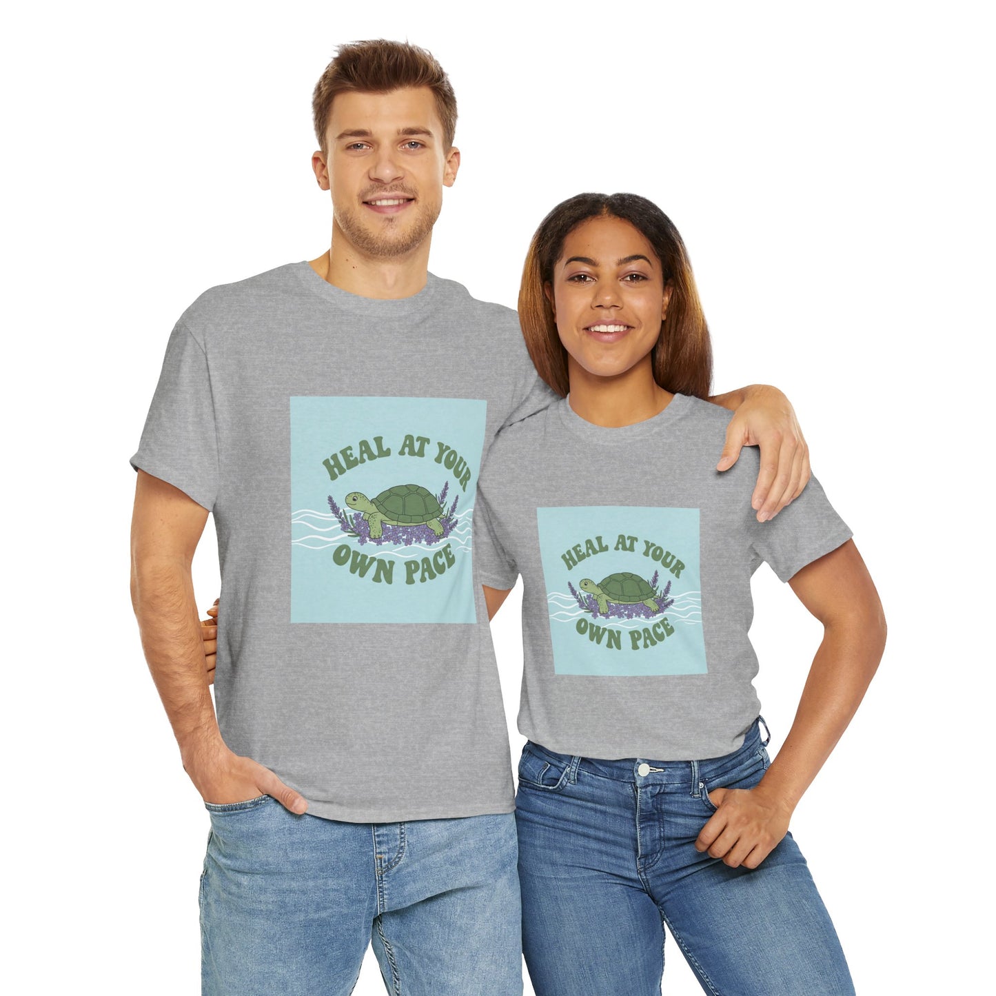 Heal at Your Own Pace Unisex Heavy Cotton Tee - Inspirational Turtle Graphic Tee for Relaxation