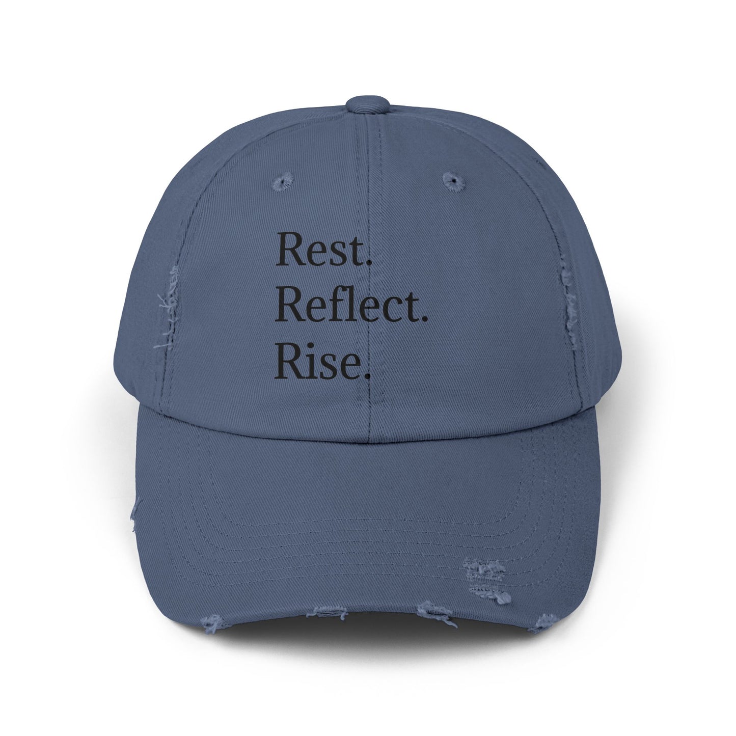 Unisex Distressed Cap - Rest. Besin. Staan op. Inspirerende hoed vir bewustheid en selfversorging