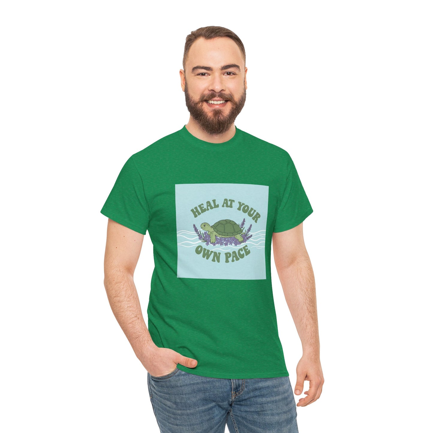 Heal at Your Own Pace Unisex Heavy Cotton Tee - Inspirational Turtle Graphic Tee for Relaxation