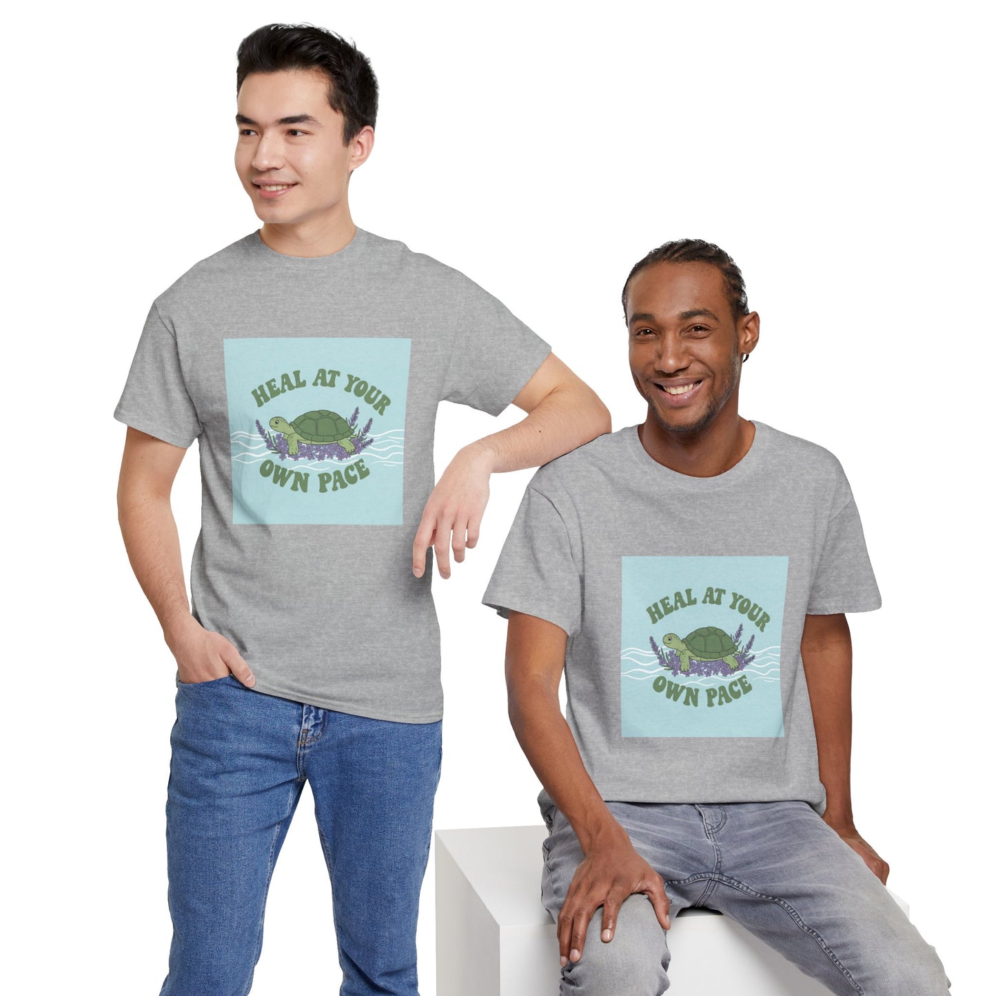 Heal at Your Own Pace Unisex Heavy Cotton Tee - Inspirational Turtle Graphic Tee for Relaxation