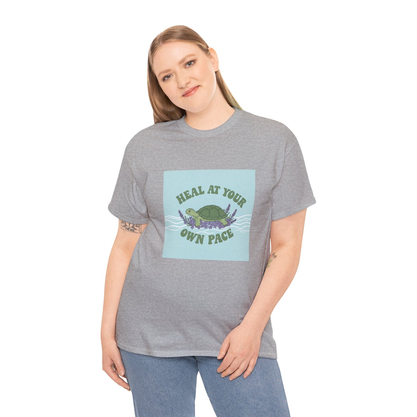 Heal at Your Own Pace Unisex Heavy Cotton Tee - Inspirational Turtle Graphic Tee for Relaxation