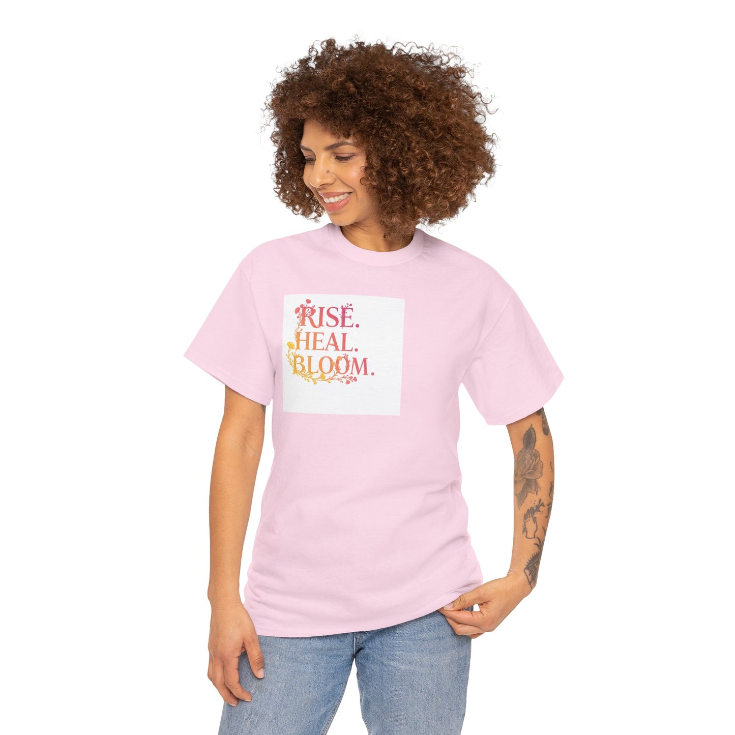 Rise Heal Bloom Unisex Heavy Cotton Tee - Motivational Graphic T-Shirt for Self-Care and Wellness