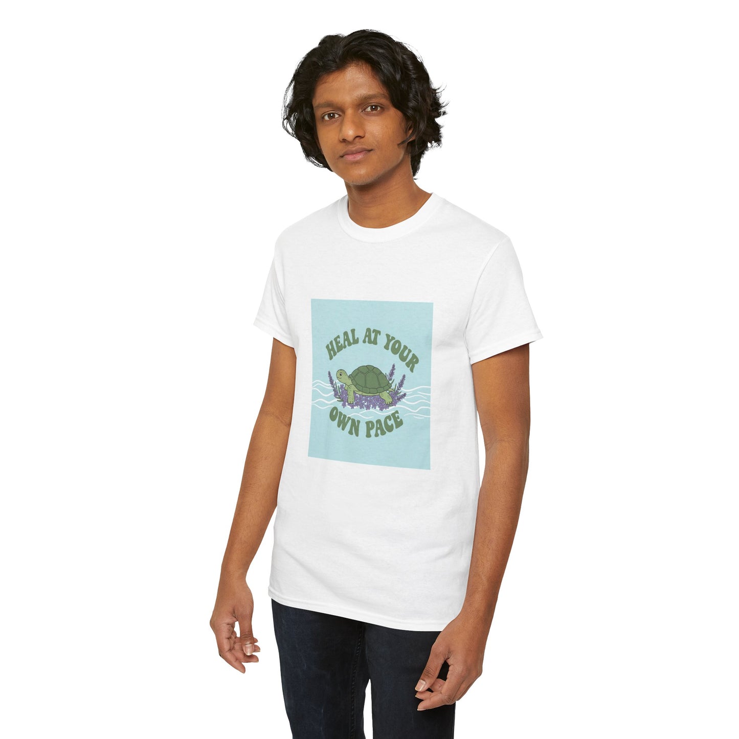 Heal at Your Own Pace Unisex Heavy Cotton Tee - Inspirational Turtle Graphic Tee for Relaxation