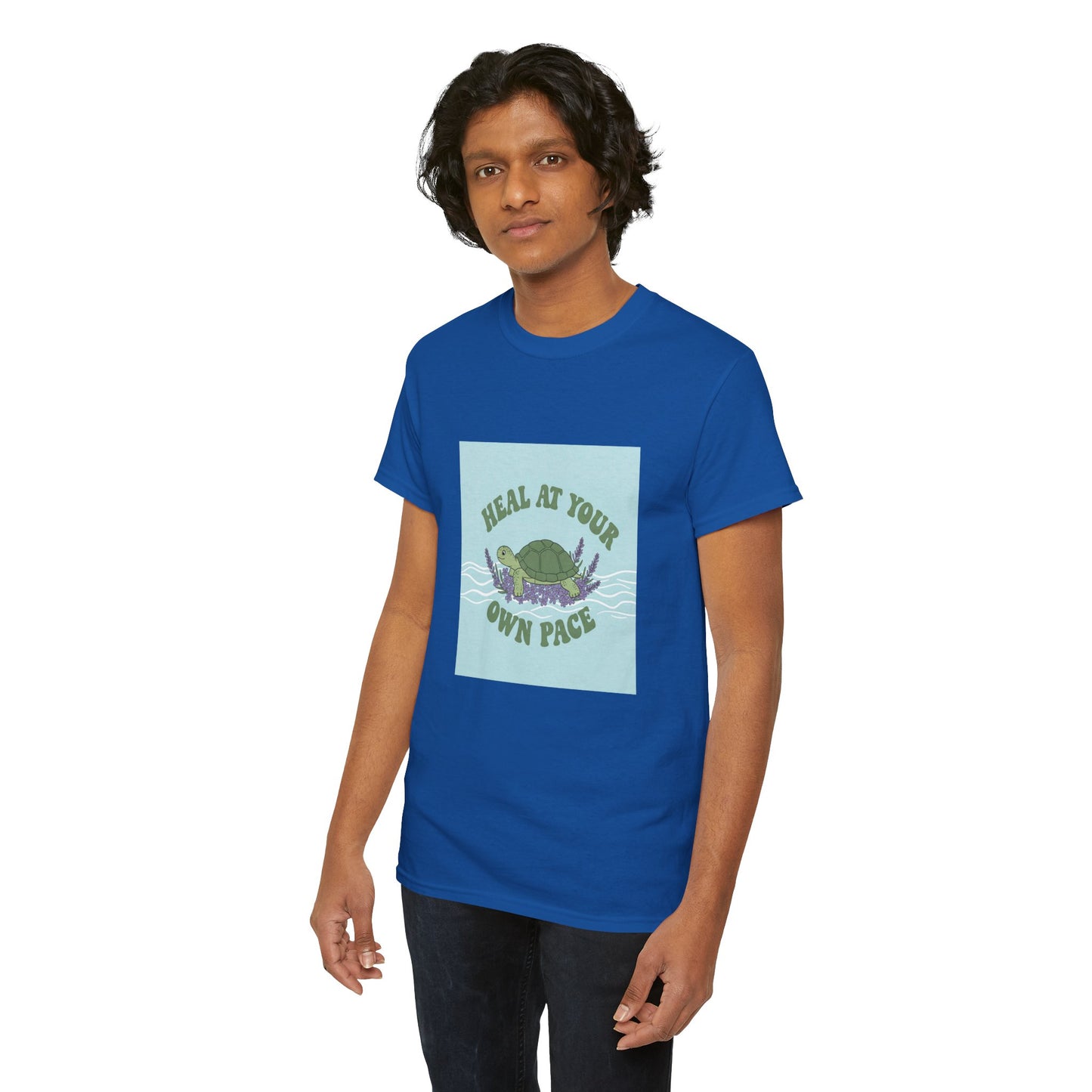 Heal at Your Own Pace Unisex Heavy Cotton Tee - Inspirational Turtle Graphic Tee for Relaxation