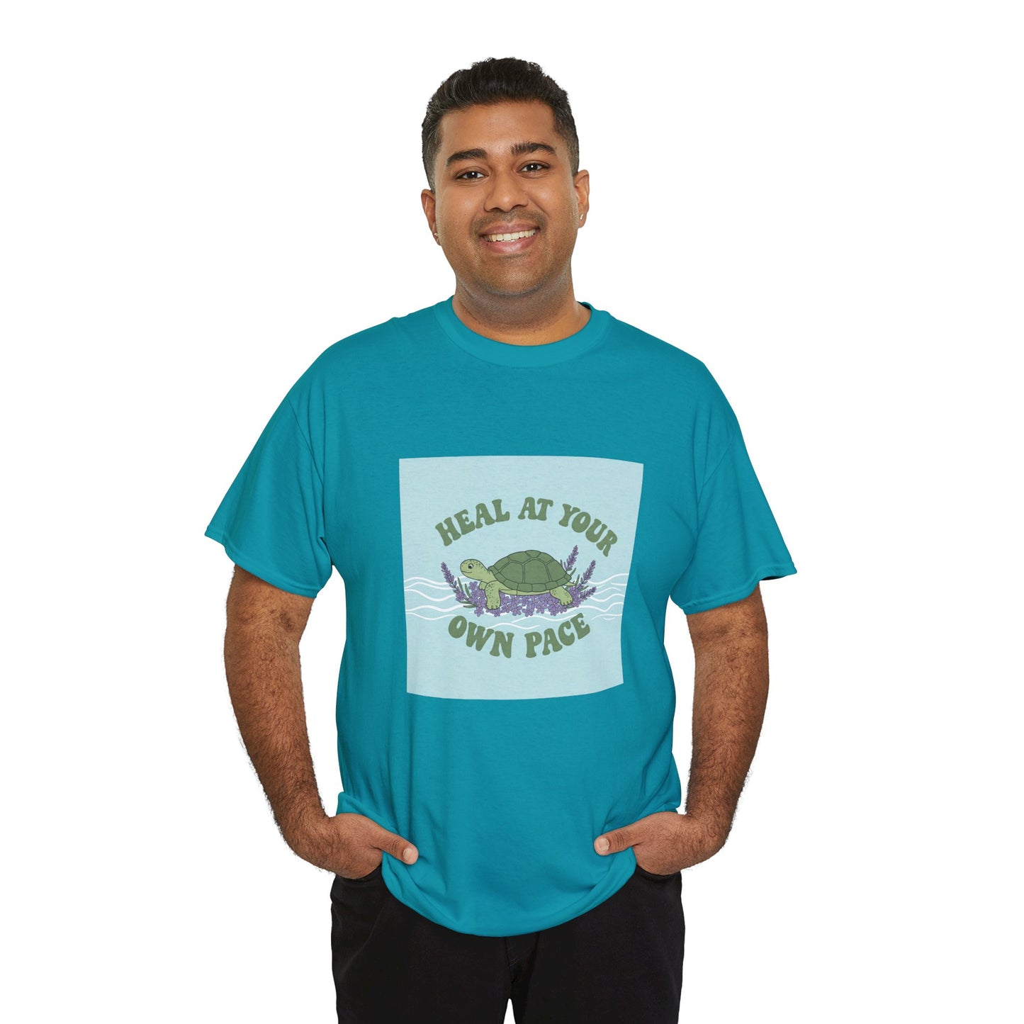 Heal at Your Own Pace Unisex Heavy Cotton Tee - Inspirational Turtle Graphic Tee for Relaxation