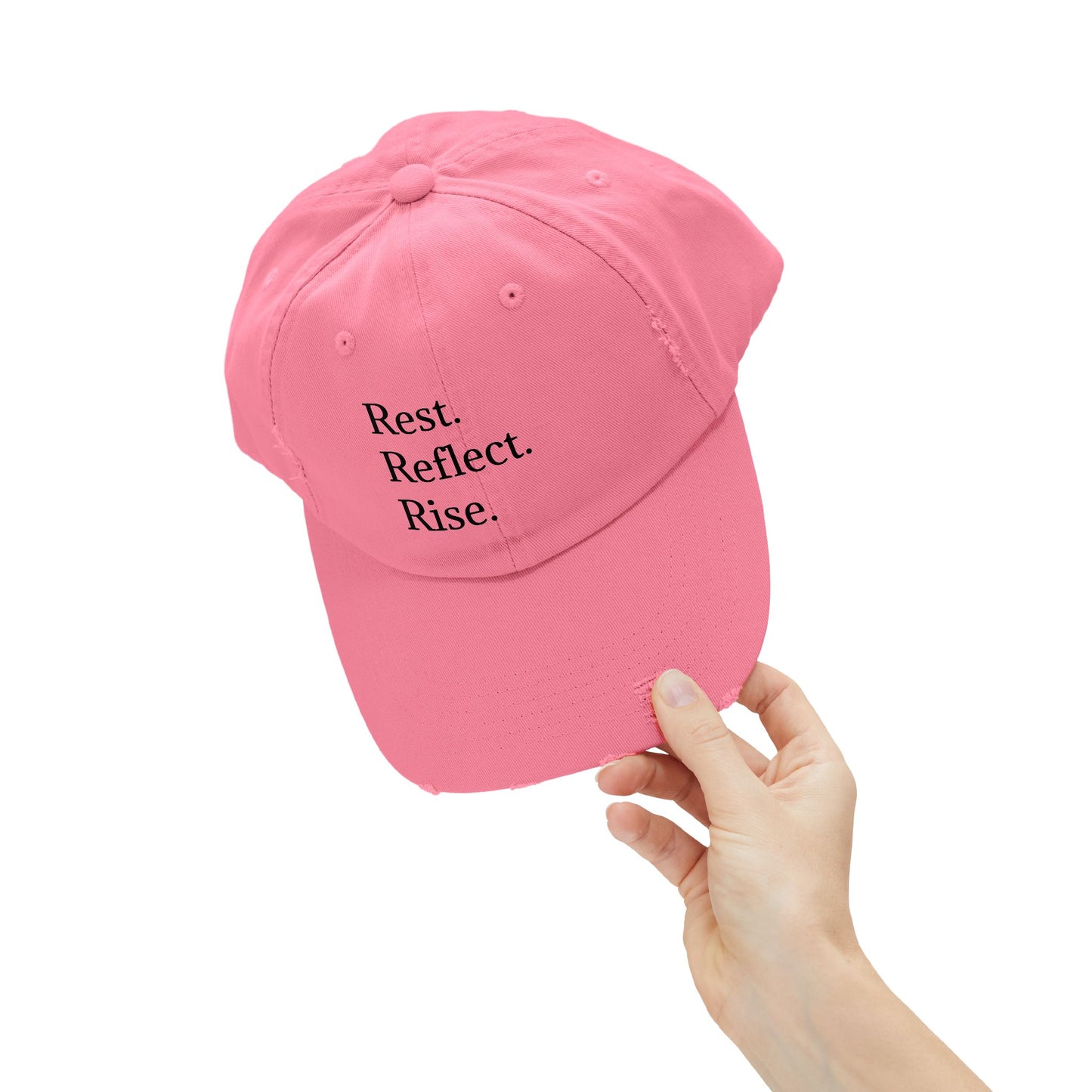 Unisex Distressed Cap - Rest. Reflect. Rise. Inspirational Hat for Mindfulness and Self-Care